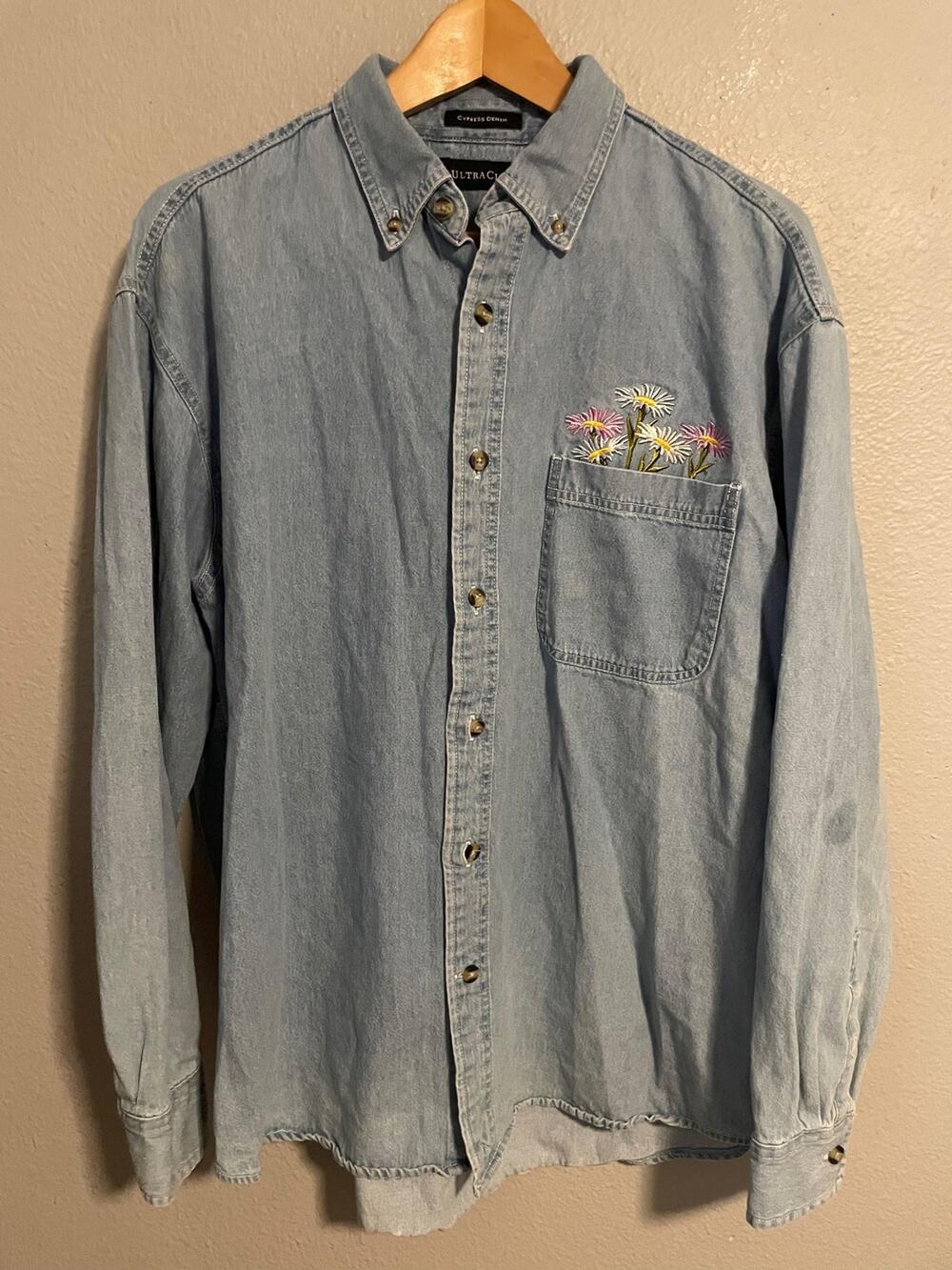 VTG Ultra Club Womens Large Blue Denim Button Up Floral Embroidered Boho READ